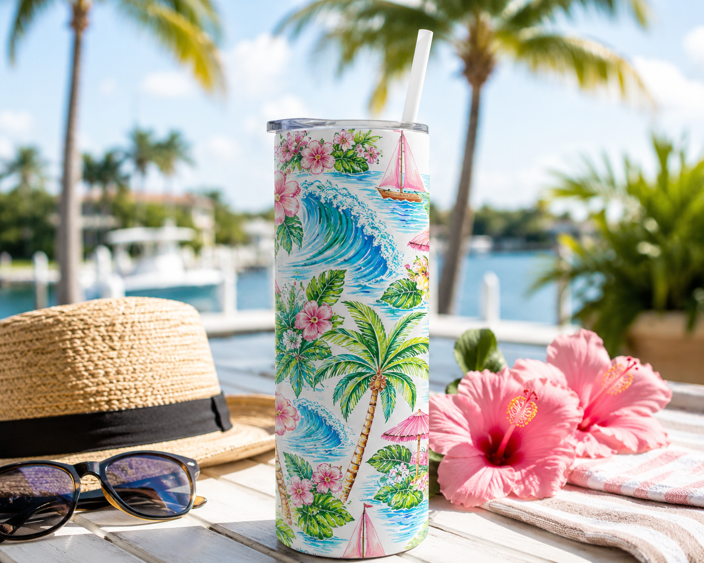 A tall insulated tumbler with a tropical wave and palm tree print stands on a table outdoors near a pool or marina. A straw hat, sunglasses, pink hibiscus flowers, and a striped towel are arranged around it, with palm trees and water blurred in the background.