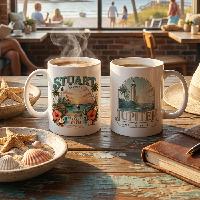 Two white ceramic mugs with beach-themed travel mug designs reading 'STUART' and 'JUPITER' are displayed on a rustic wooden table in a cafe setting. The background shows a man looking out a large window at a sunny beach scene with palm trees, a lighthouse, and people sitting at tables.