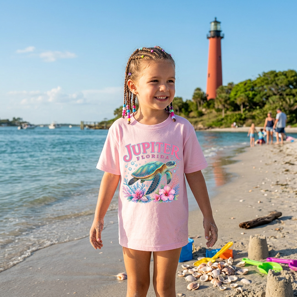 A young girl stands on a sunny beach wearing a light pink short-sleeve T-shirt with a colorful turtle and floral graphic and the words 'JUPITER FLORIDA' across the front. A lighthouse, water, and sandy shore are visible in the background.