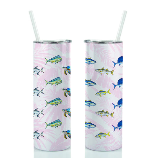 Two tall insulated tumblers with clear straws, shown side by side on a white background. The tumblers have a light pink tropical pattern featuring blue and yellow fish and white palm leaves.