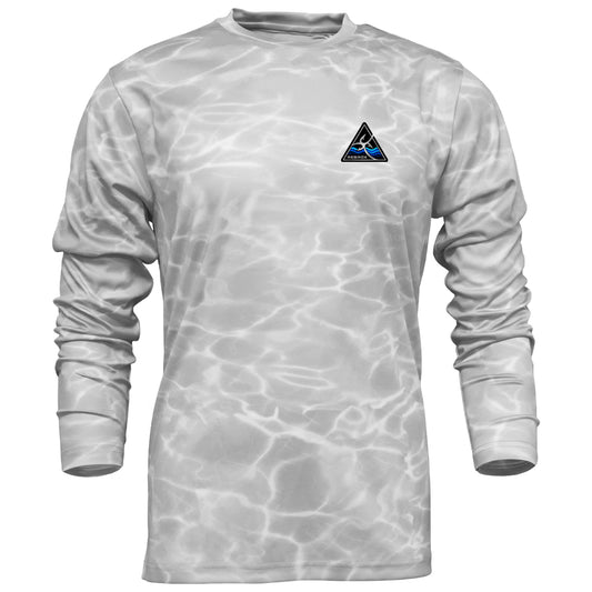 A long-sleeve crewneck shirt with a light gray and white water ripple pattern, featuring a small black and blue triangular logo on the left chest.