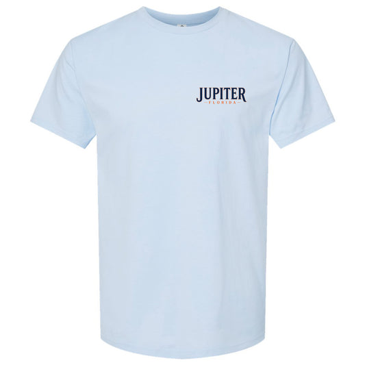 A light blue short-sleeve crewneck t-shirt with 'JUPITER' printed in navy blue on the left chest, accompanied by small orange and white text underneath, displayed on a clean white background.