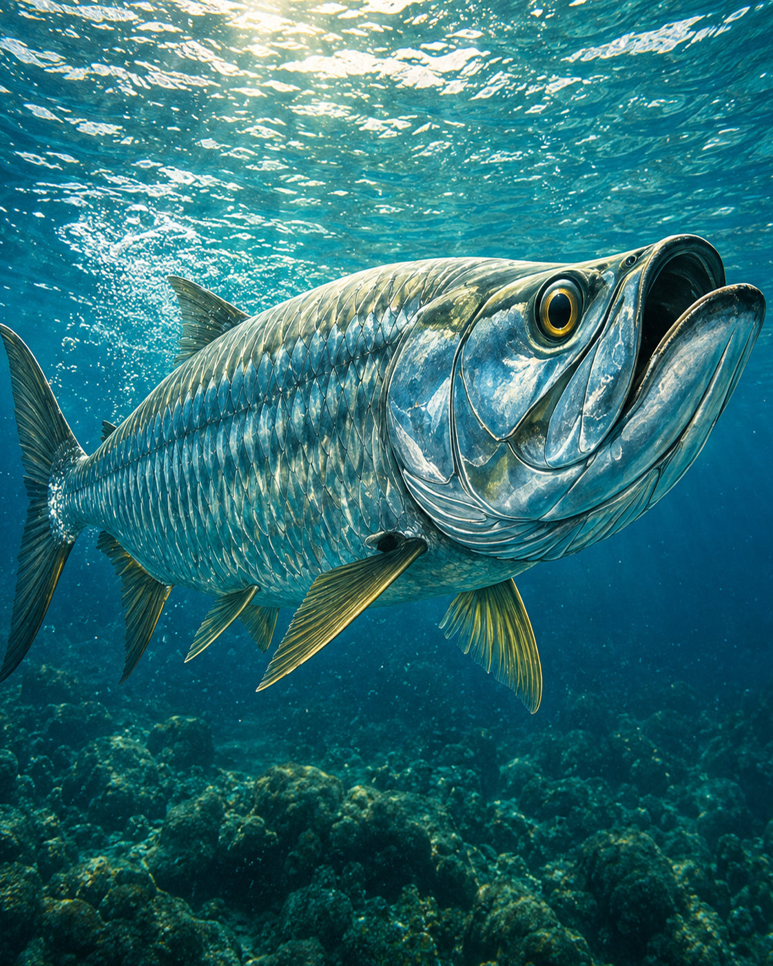 Tarpon swimming underwater representing the Rebrox Fish Collection featuring saltwater fishing apparel and coastal designs.
