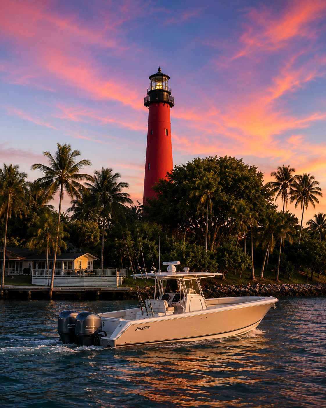 Jupiter center console boat cruising past the iconic Jupiter Lighthouse at sunset in South Florida.