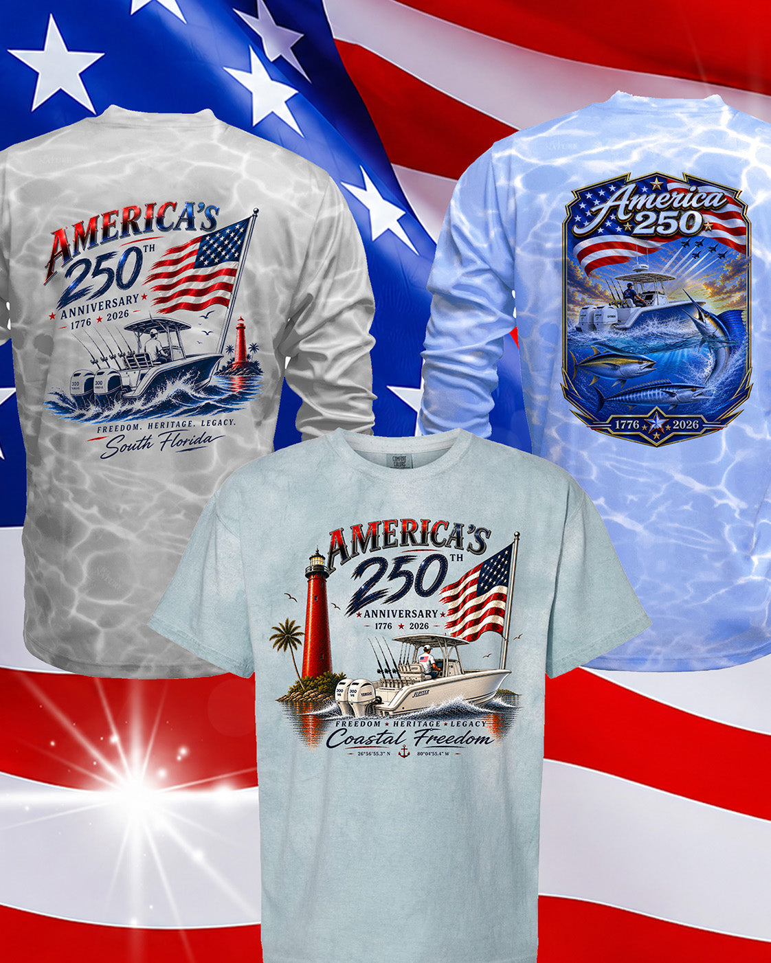 America's 250th Anniversary apparel collection featuring patriotic fishing shirts, performance hoodies, and coastal T-shirts inspired by boating, the American flag, and South Florida.