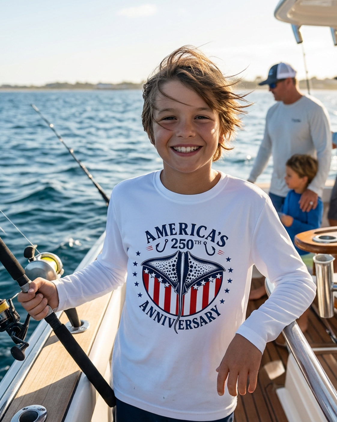 Kids America's 250th Anniversary fishing shirt for boating, fishing, and patriotic outdoor adventures.
