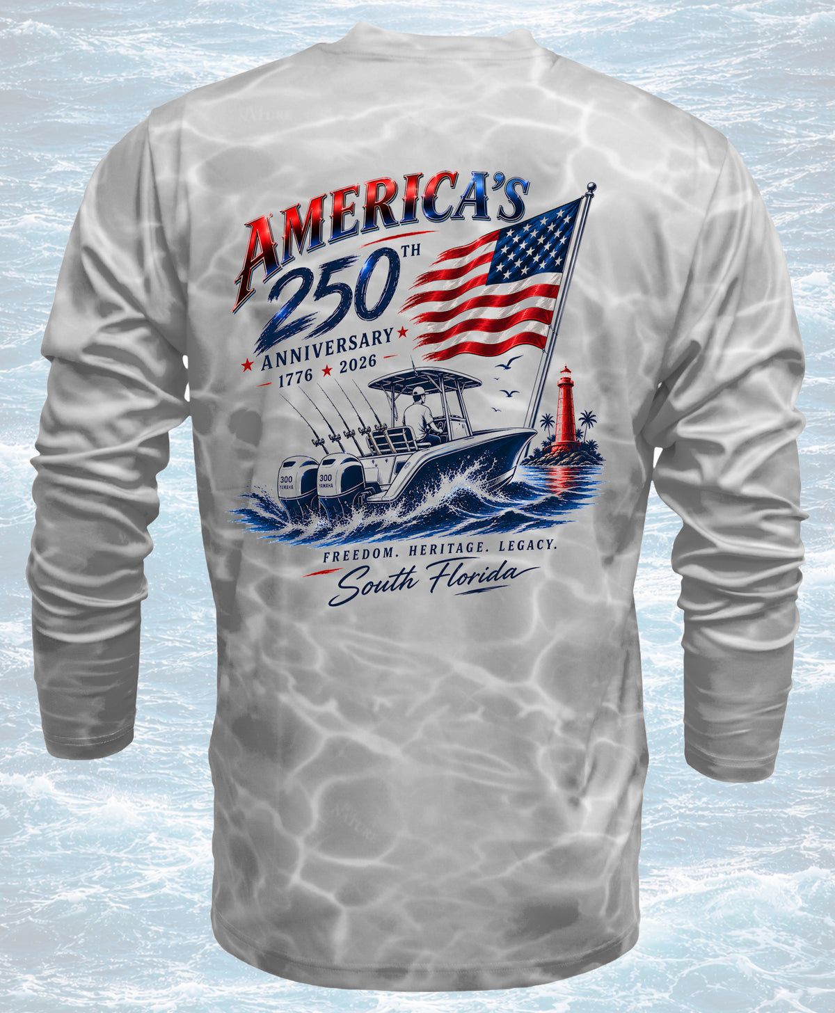 Gray long-sleeve shirt with 'America's 250th Anniversary' design featuring an American flag and boat on a water background.