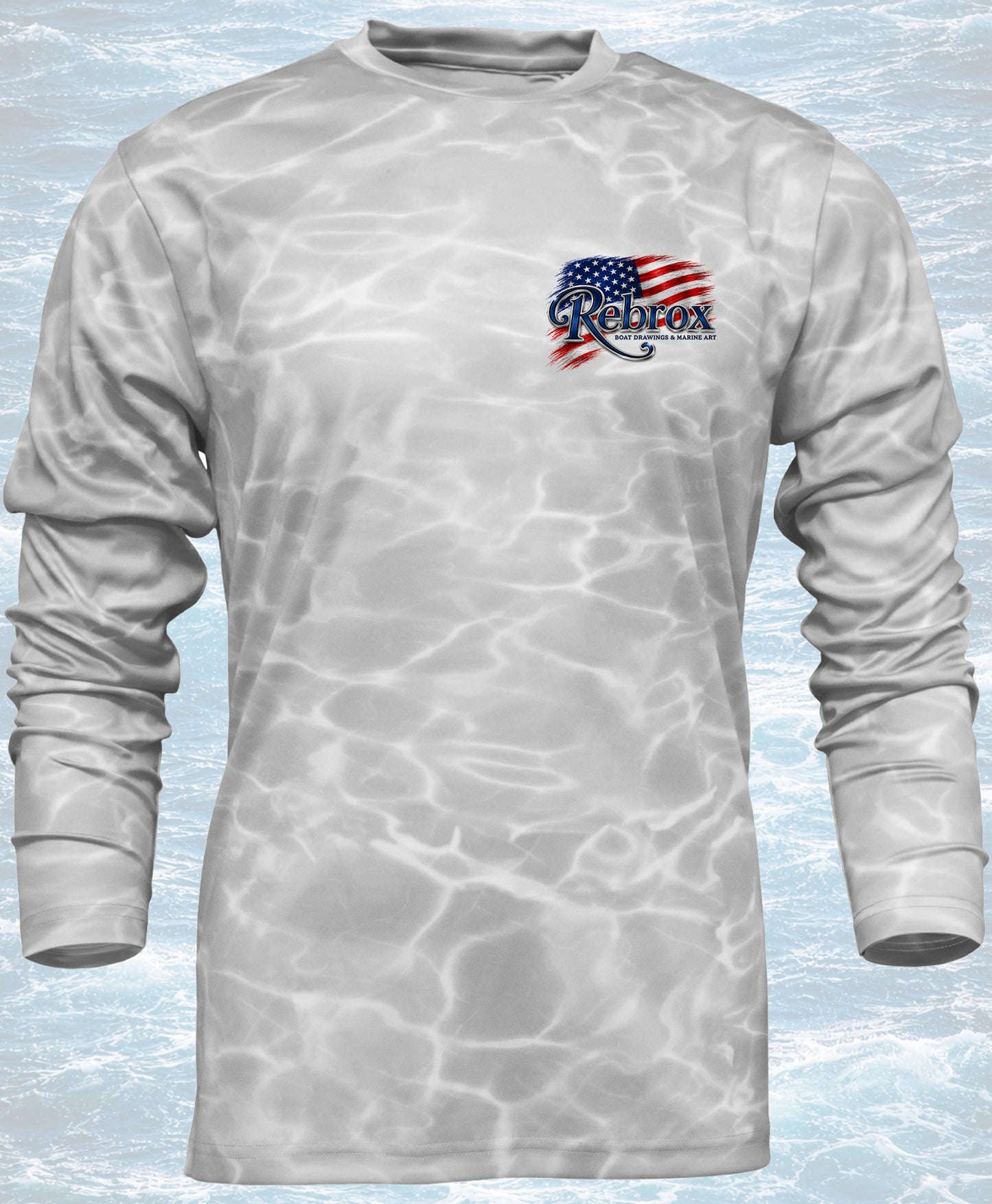 Gray long-sleeve shirt with Rebrox logo on a water background