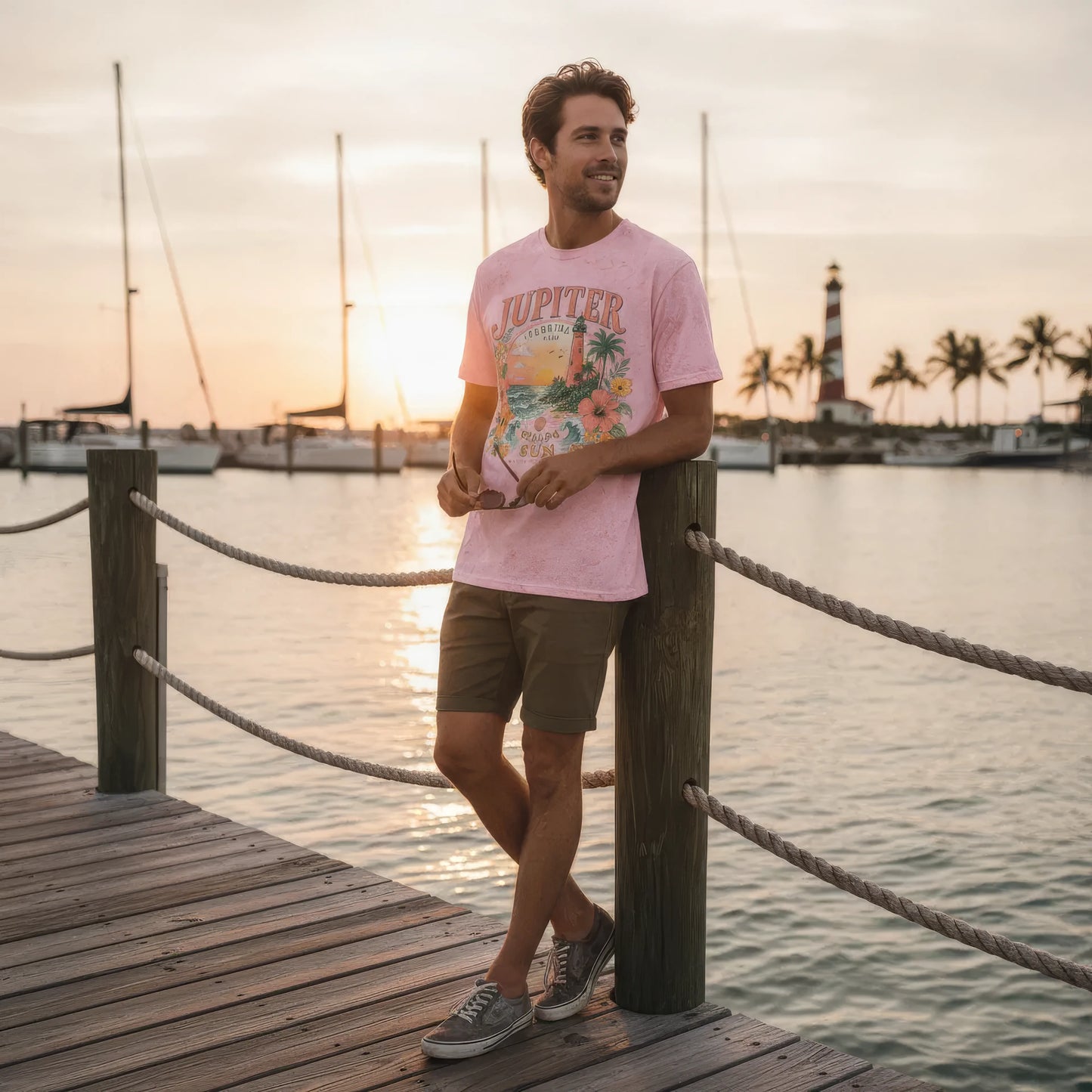 A man stands on a wooden dock at sunset wearing a light pink graphic T-shirt with 'JUPITER' and tropical artwork, olive shorts, and gray sneakers, with water, boats, and a lighthouse in the background.