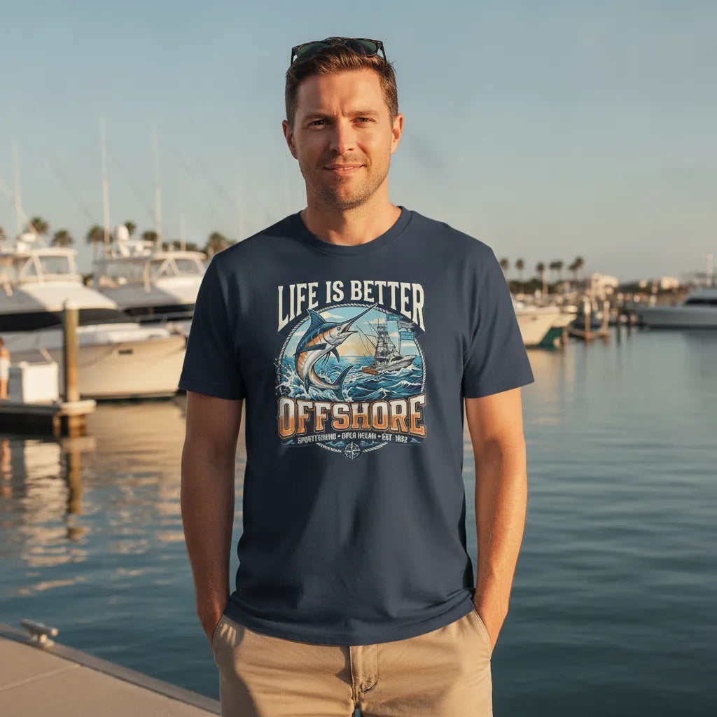 A man wearing a navy blue graphic t-shirt with a fisherman design and the text 'LIFE IS BETTER OFFSHORE' stands in front of a marina background.