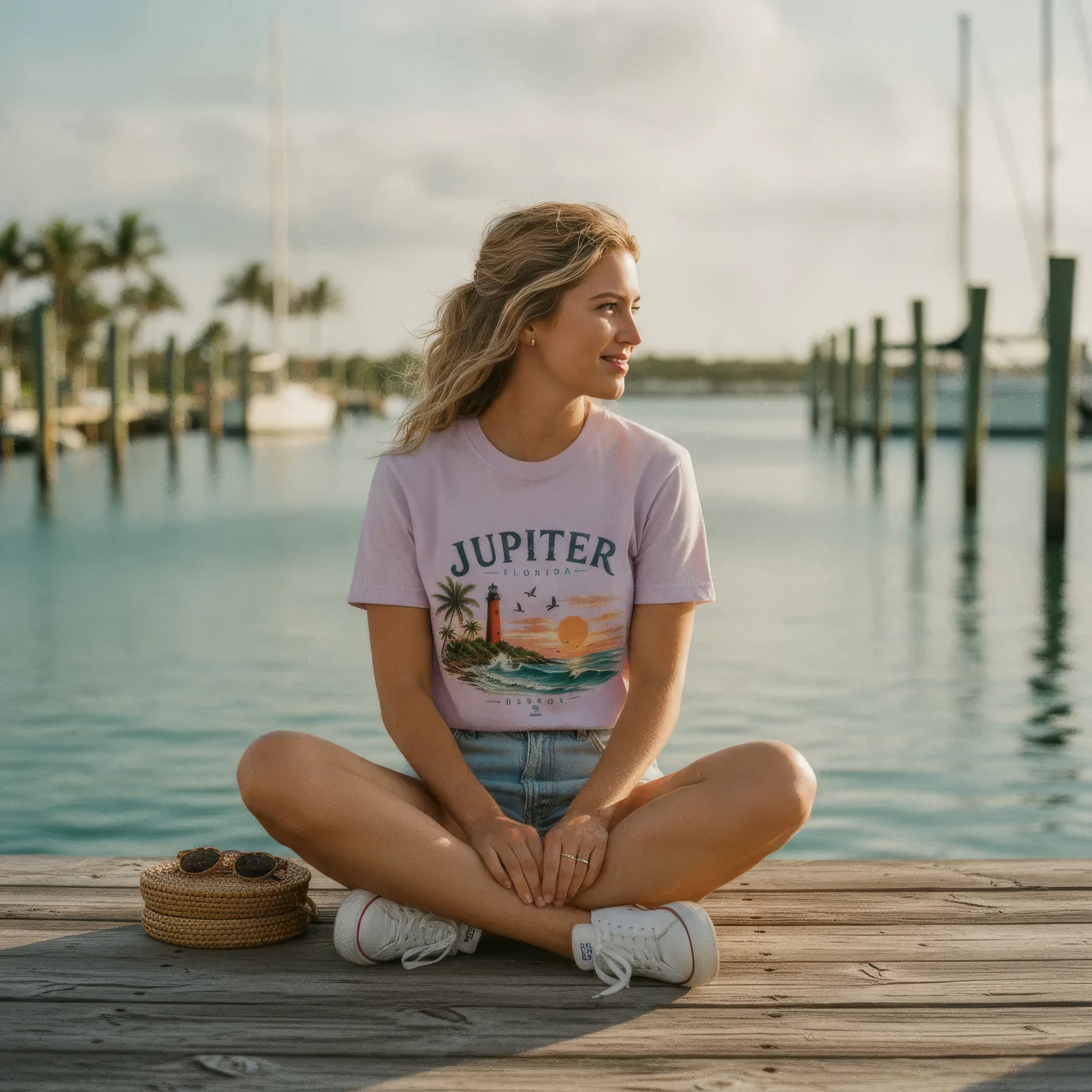 A woman sits cross-legged on a wooden dock by the water, wearing a light pink graphic T-shirt with 'JUPITER' and a beach scene, denim shorts, and white sneakers. A woven hat with sunglasses rests beside her.