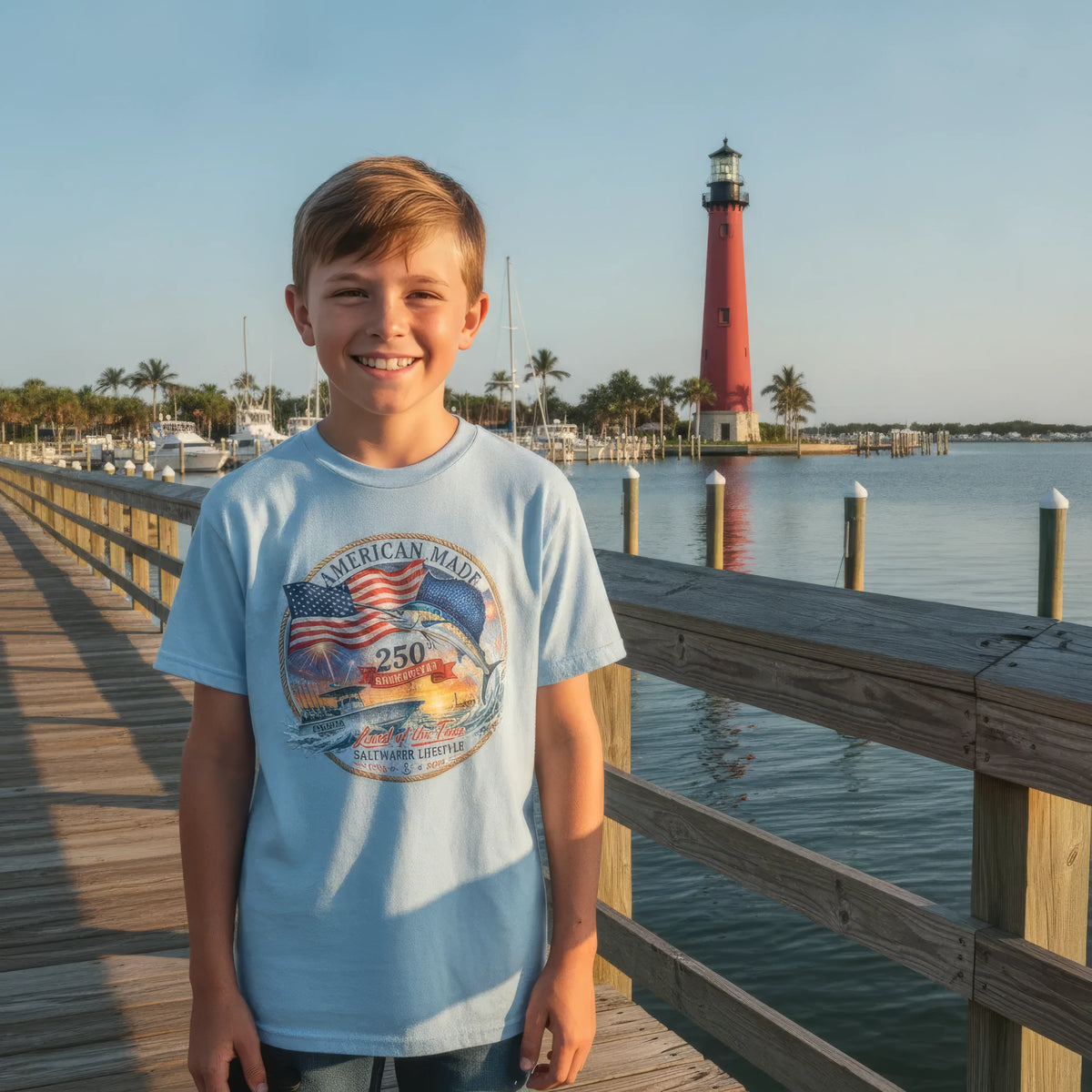A smiling young boy stands on a wooden dock by the water, wearing a light blue graphic T-shirt with an American flag and fish design. A red lighthouse is visible in the background along with boats and palm trees under a clear blue sky.