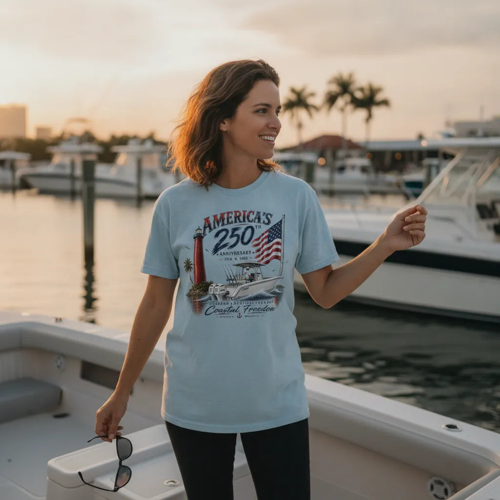 A woman stands on a boat at sunset wearing a light blue graphic T-shirt with a patriotic 'America's 250th Anniversary' print, black pants, and holding sunglasses.
