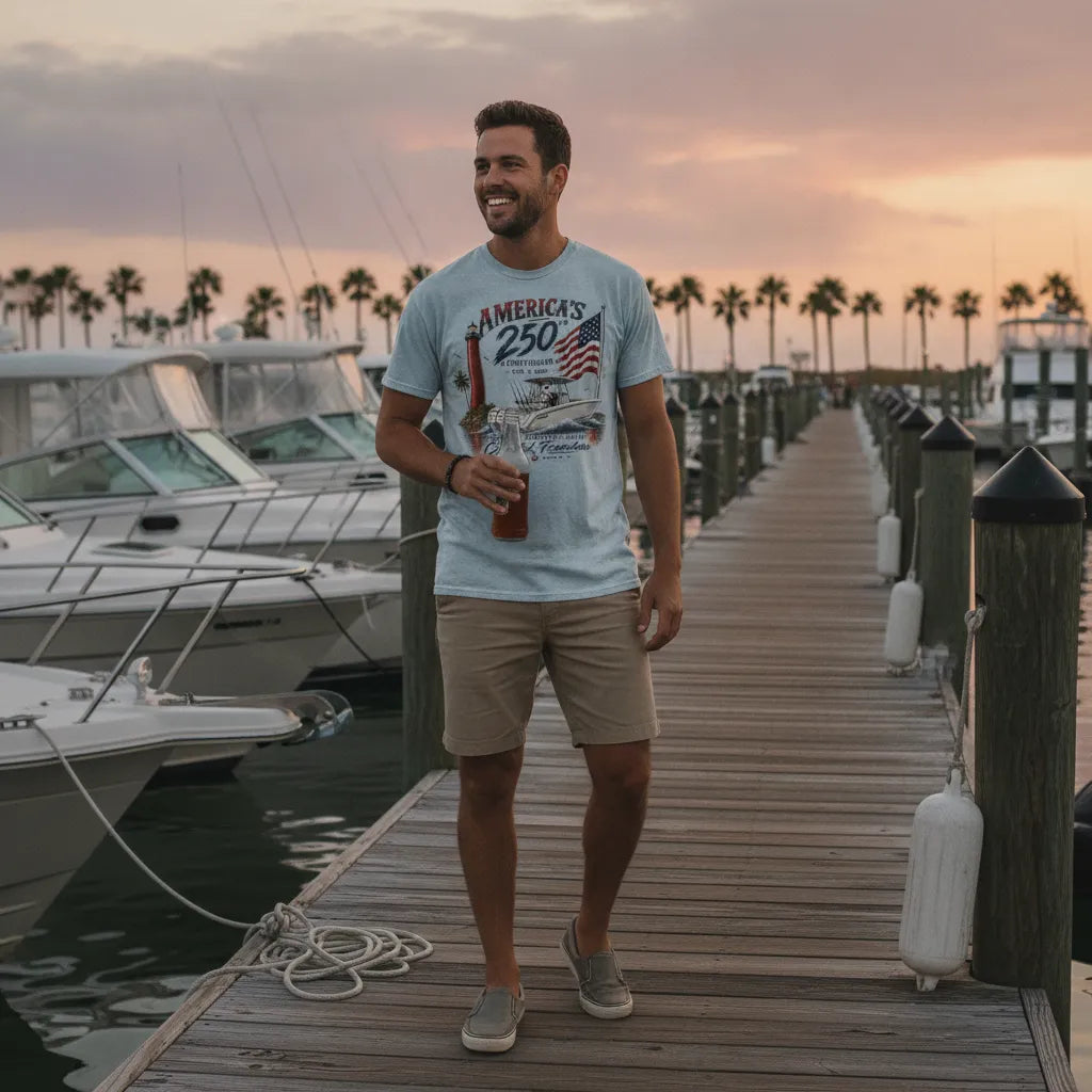 A man stands on a wooden dock at sunset wearing a light blue graphic t-shirt, khaki shorts, and gray sneakers, holding a drink. Boats and palm trees are visible in the background.