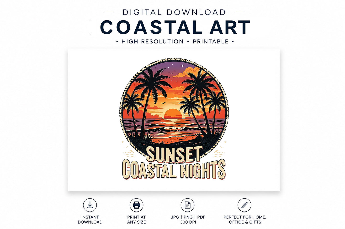 Sunset Coastal Nights | Tropical Beach Sunset PNG | Digital Download | Sublimation Design | DTF Transfer Artwork