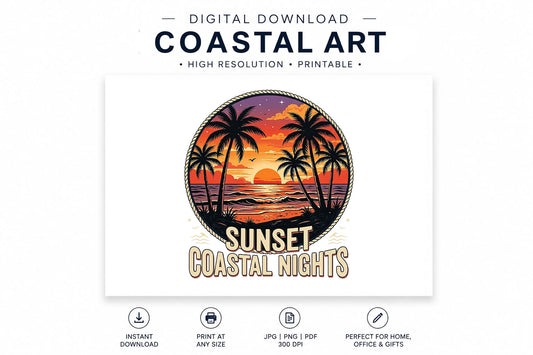 Sunset Coastal Nights | Tropical Beach Sunset PNG | Digital Download | Sublimation Design | DTF Transfer Artwork
