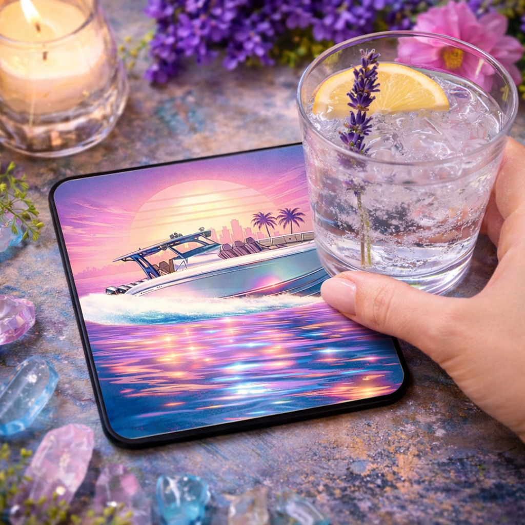 Sunset Boat Vibes Coaster – 3.25" Square Gloss Drink Coaster