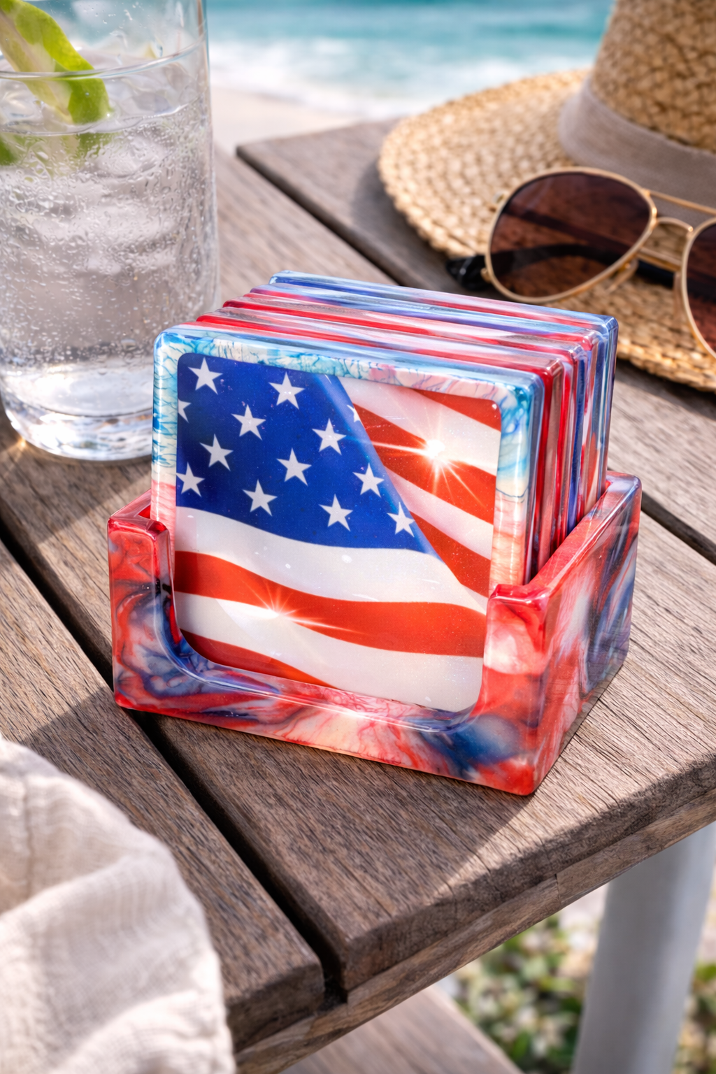 Patriotic Flag Resin Coaster – Handcrafted Coastal Drink Coaster