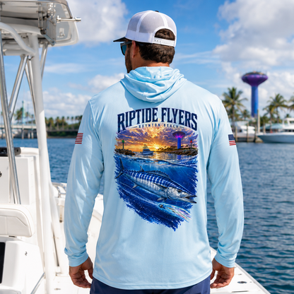 Light blue Riptide Flyers Boynton Beach performance fishing hoodie with wahoo and inlet artwork