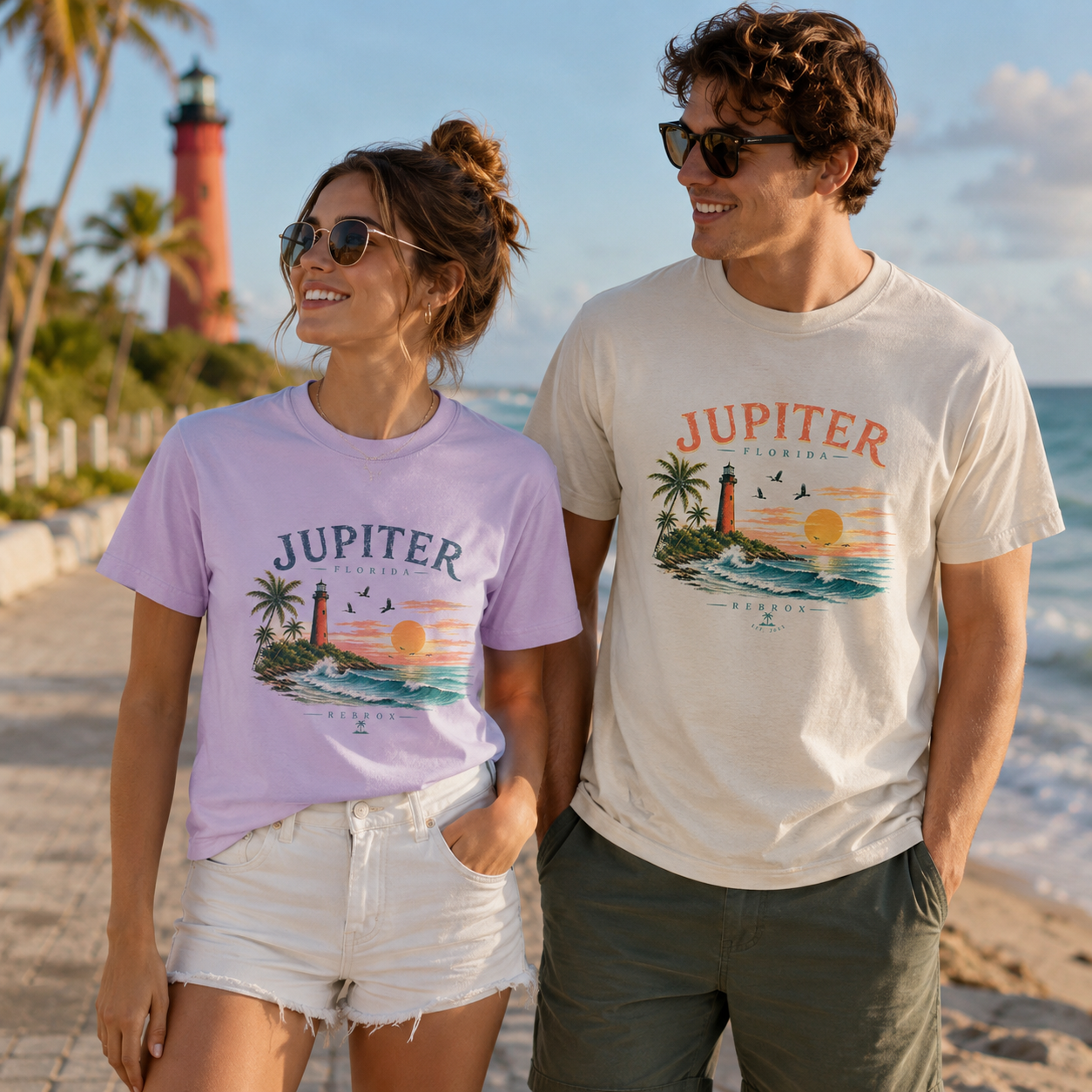 A man and a woman standing on a beach wearing matching graphic t-shirts. The woman's shirt is light lavender, and the man's shirt is off-white.