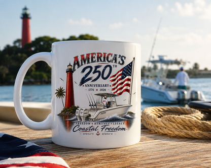 America's 250th Anniversary Coastal Freedom Mug | Jupiter Lighthouse Fishing Boat Coffee Cup | Patriotic Florida Gift