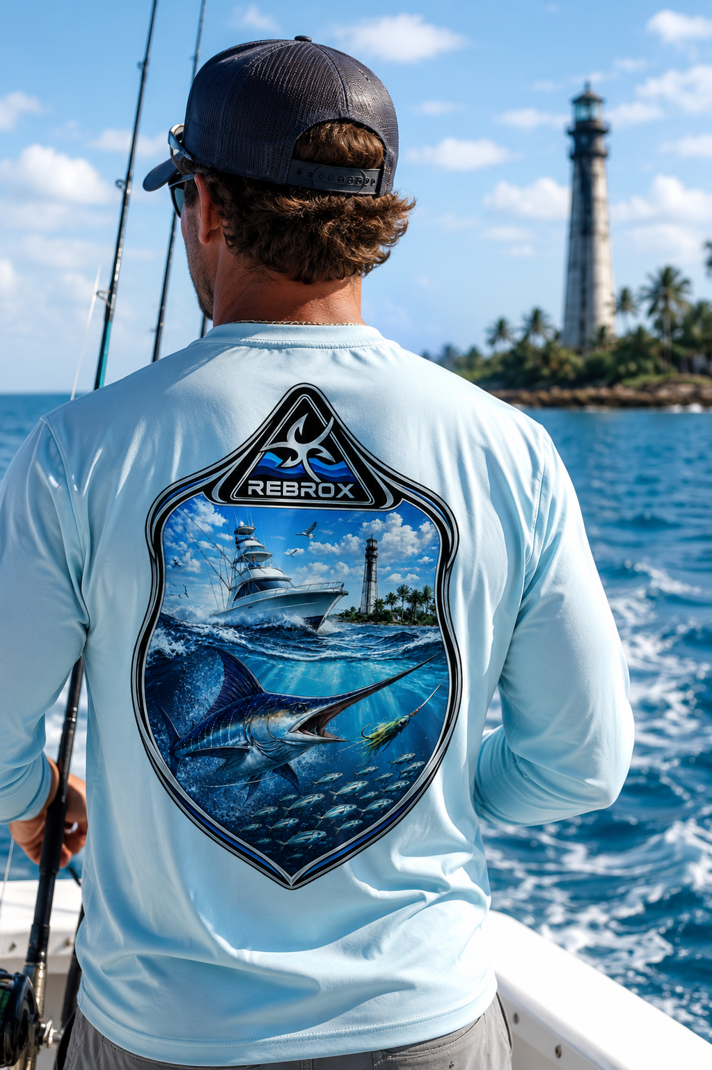 A man on a boat wearing a light blue long-sleeve fishing shirt, viewed from behind. The shirt features a large graphic print on the back with a sailboat, marlin, fish, and a lighthouse under a blue sky.