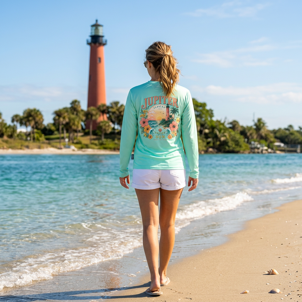 A woman stands on a sandy beach facing the ocean, wearing a mint green long-sleeve graphic shirt and white shorts. A red lighthouse and palm trees are visible in the background under a blue sky.