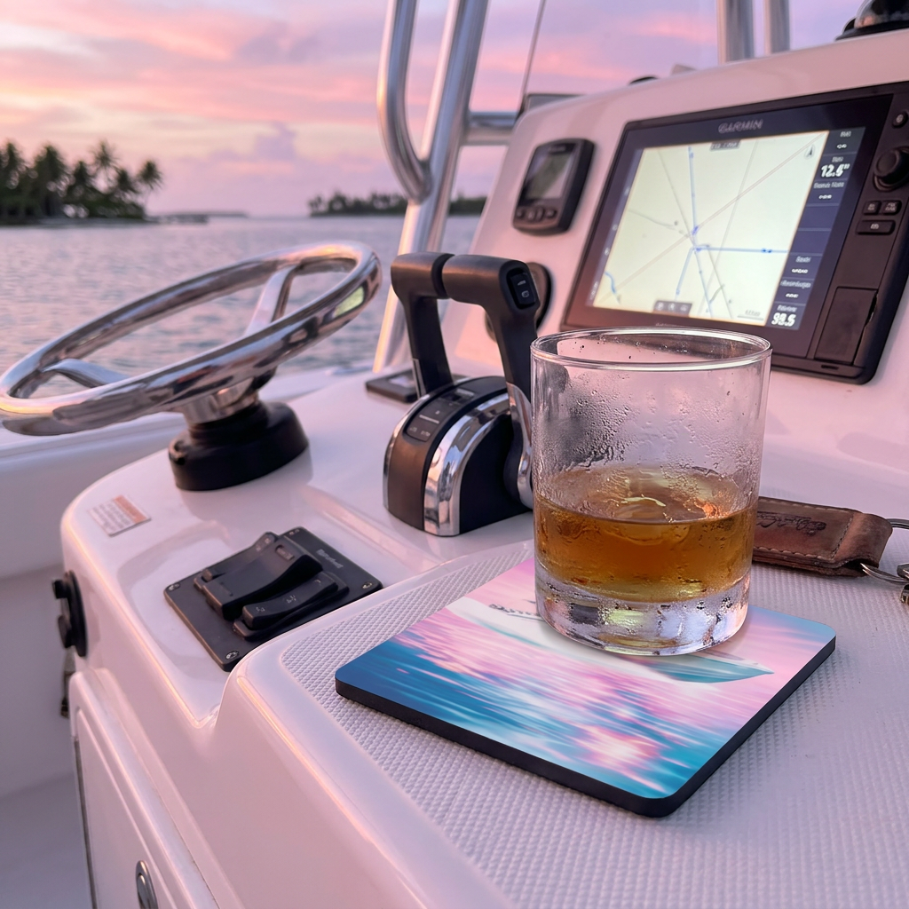 Sunset Boat Vibes Coaster – 3.25" Square Gloss Drink Coaster