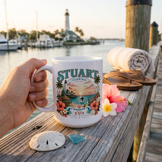 Stuart Florida Coffee Mug | Coastal Lighthouse & Sailfish Ceramic Mug | Florida Beach Gift