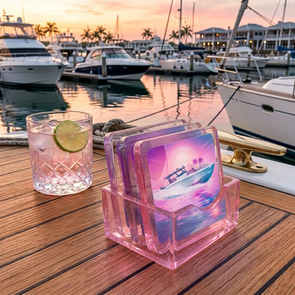 Sunset Boat Resin Coaster – Coastal Marina Drink Coaster