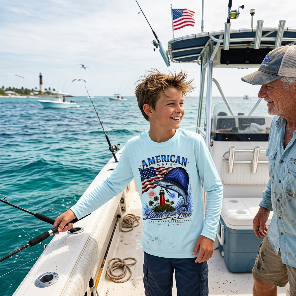 A young boy wearing a light blue long-sleeve graphic t-shirt stands on a boat with an older man beside him, with ocean water and distant boats in the background.