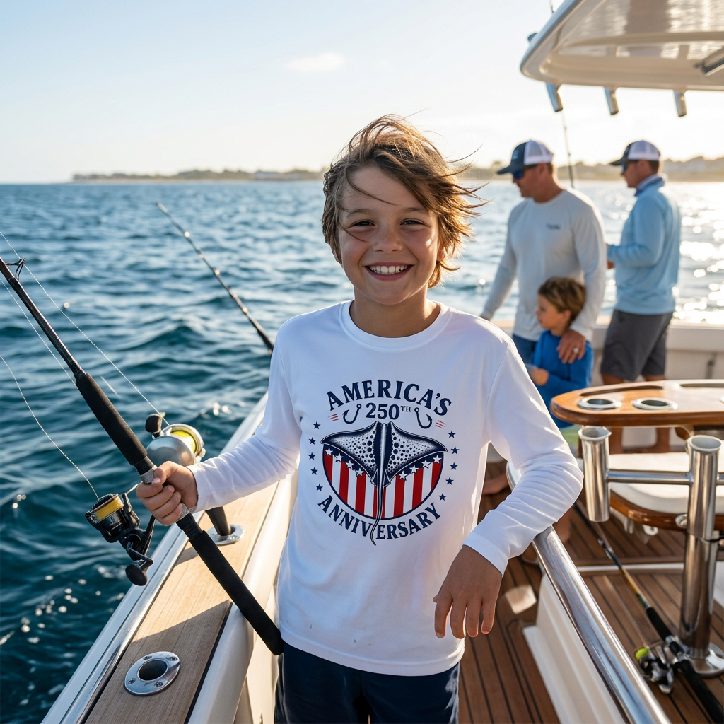 A smiling boy stands on a boat holding a fishing rod, wearing a white long-sleeve shirt with a patriotic 'America's 250th Anniversary' graphic. Other people and the ocean are visible in the background.