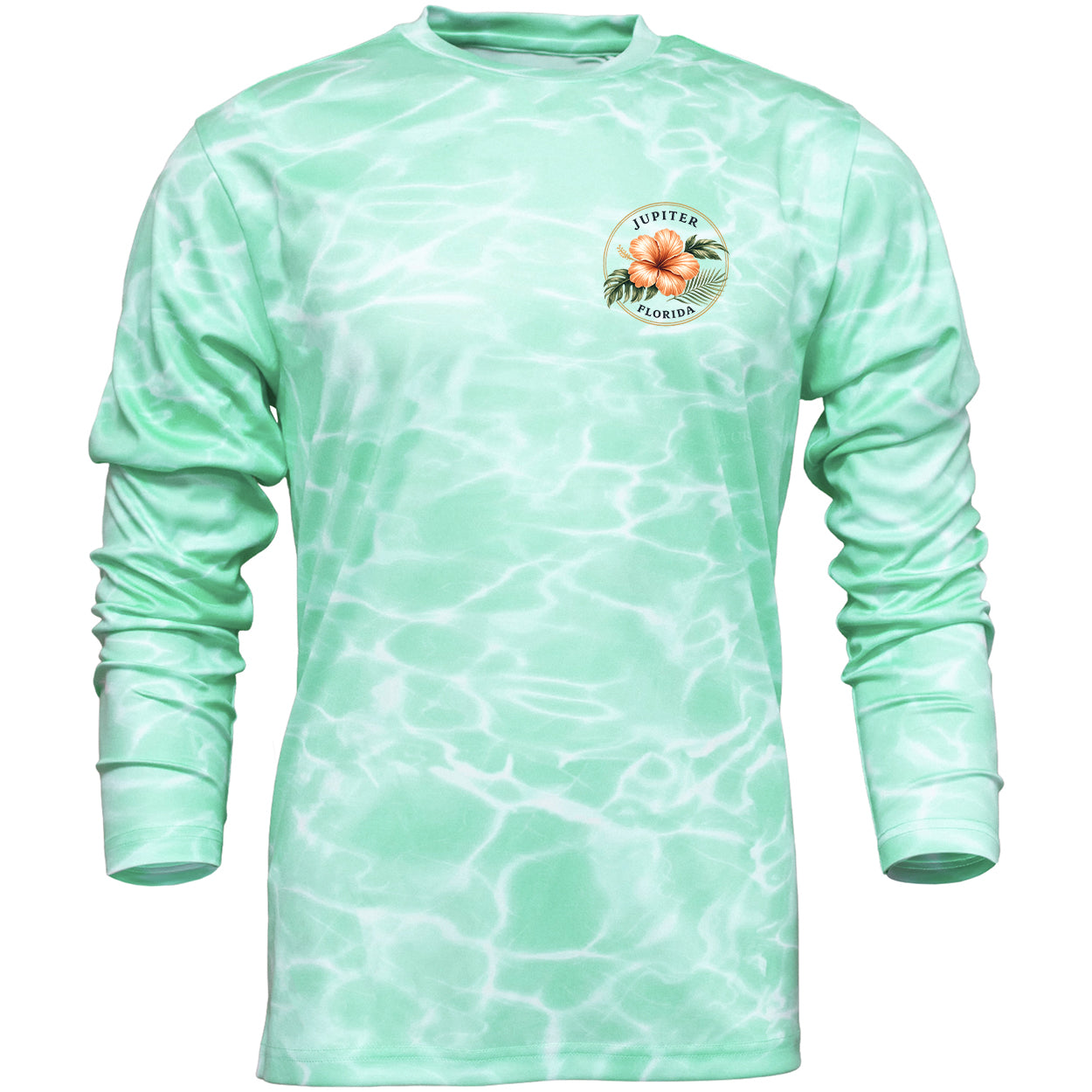 A mint green long-sleeve shirt with a white water ripple pattern, featuring a circular 'Jupiter Florida' logo on the left chest, displayed on a solid white background.