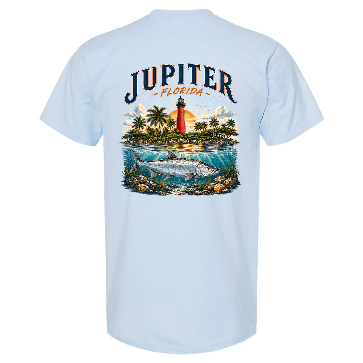 A light blue short-sleeve t-shirt shown from the back, featuring a large graphic print of 'JUPITER FLORIDA' above an illustration of a lighthouse, palm trees, water, and a fish.