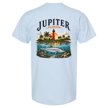 A light blue short-sleeve t-shirt shown from the back, featuring a large graphic print of 'JUPITER FLORIDA' above an illustration of a lighthouse, palm trees, water, and a fish.