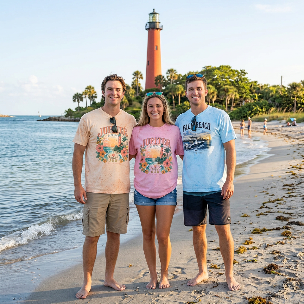 Three people standing on a sandy beach in front of a lighthouse, wearing graphic t-shirts. The person on the left wears a light peach t-shirt with a colorful graphic, the person in the middle wears a pink t-shirt with a graphic that says 'LOVE IT UP', and the person on the right wears a light blue t-shirt with 'PALM BEACH' printed on the front.
