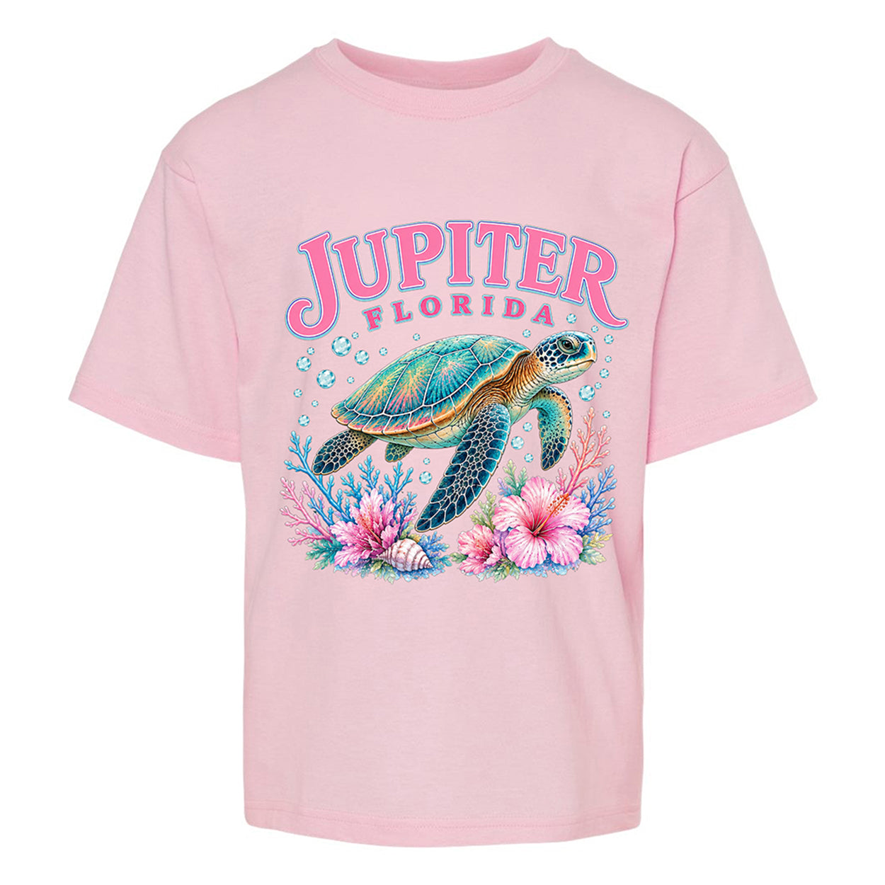 A light pink short-sleeve t-shirt featuring a colorful graphic of a sea turtle, coral, and flowers, with the text 'JUPITER FLORIDA' printed above it.