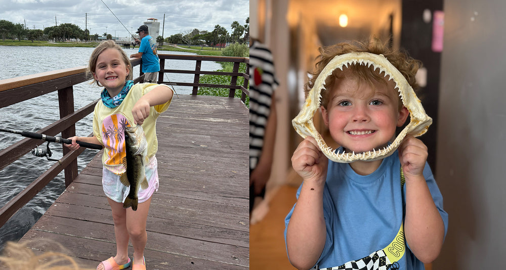 A split-screen lifestyle photo showing a young girl on a wooden dock holding a fish, and a young boy indoors wearing a shark-mouth hood with teeth.