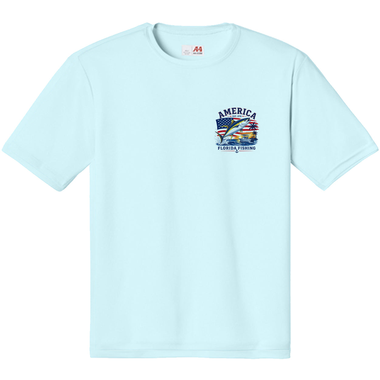 ight blue A4 performance fishing T-shirt with America Florida Fishing left chest graphic featuring a mahi-mahi, American flag, palm trees, and coastal design.