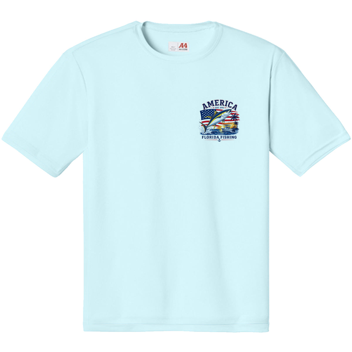 ight blue A4 performance fishing T-shirt with America Florida Fishing left chest graphic featuring a mahi-mahi, American flag, palm trees, and coastal design.