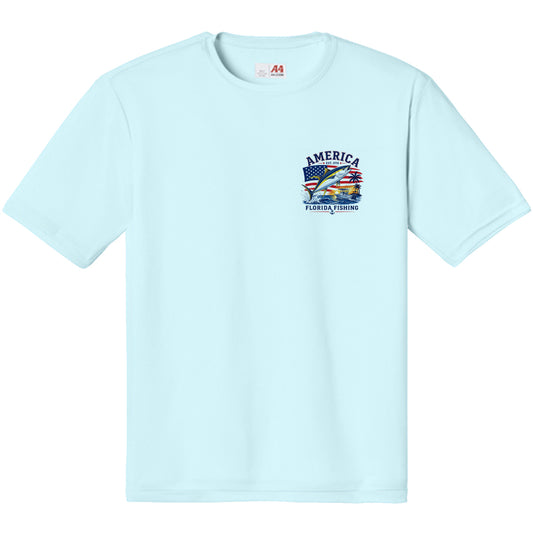 ight blue A4 performance fishing T-shirt with America Florida Fishing left chest graphic featuring a mahi-mahi, American flag, palm trees, and coastal design.