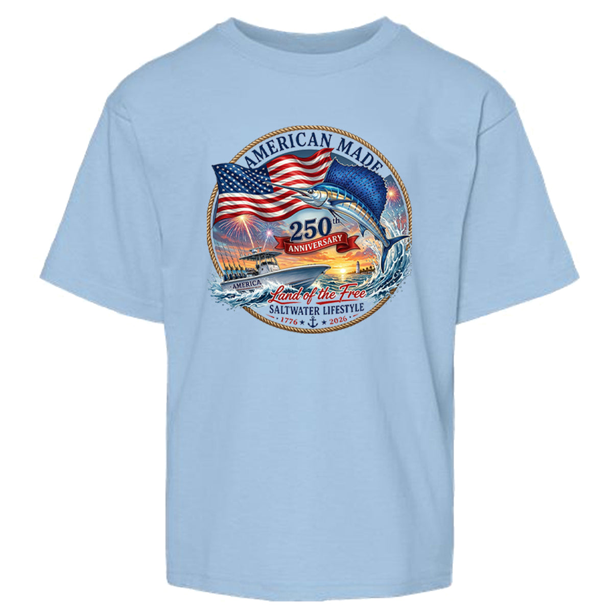 A light blue short-sleeve crewneck t-shirt featuring a circular graphic on the chest with an American flag, a jumping fish, a boat, and the text 'AMERICAN MADE', '250 ANNIIVERSARY', and 'Land of the Free SALTWATER LIFESTYLE'.
