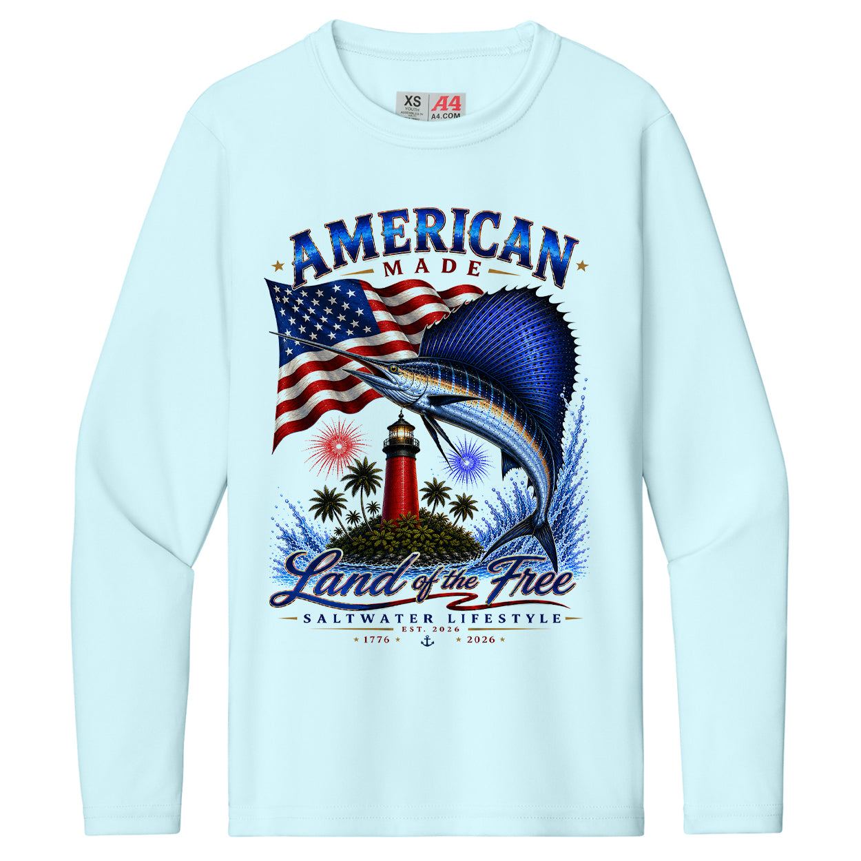 A light blue long-sleeve t-shirt with a large graphic print on the front featuring a marlin, an American flag, a lighthouse, and the text 'AMERICAN MADE Land of the Free'.
