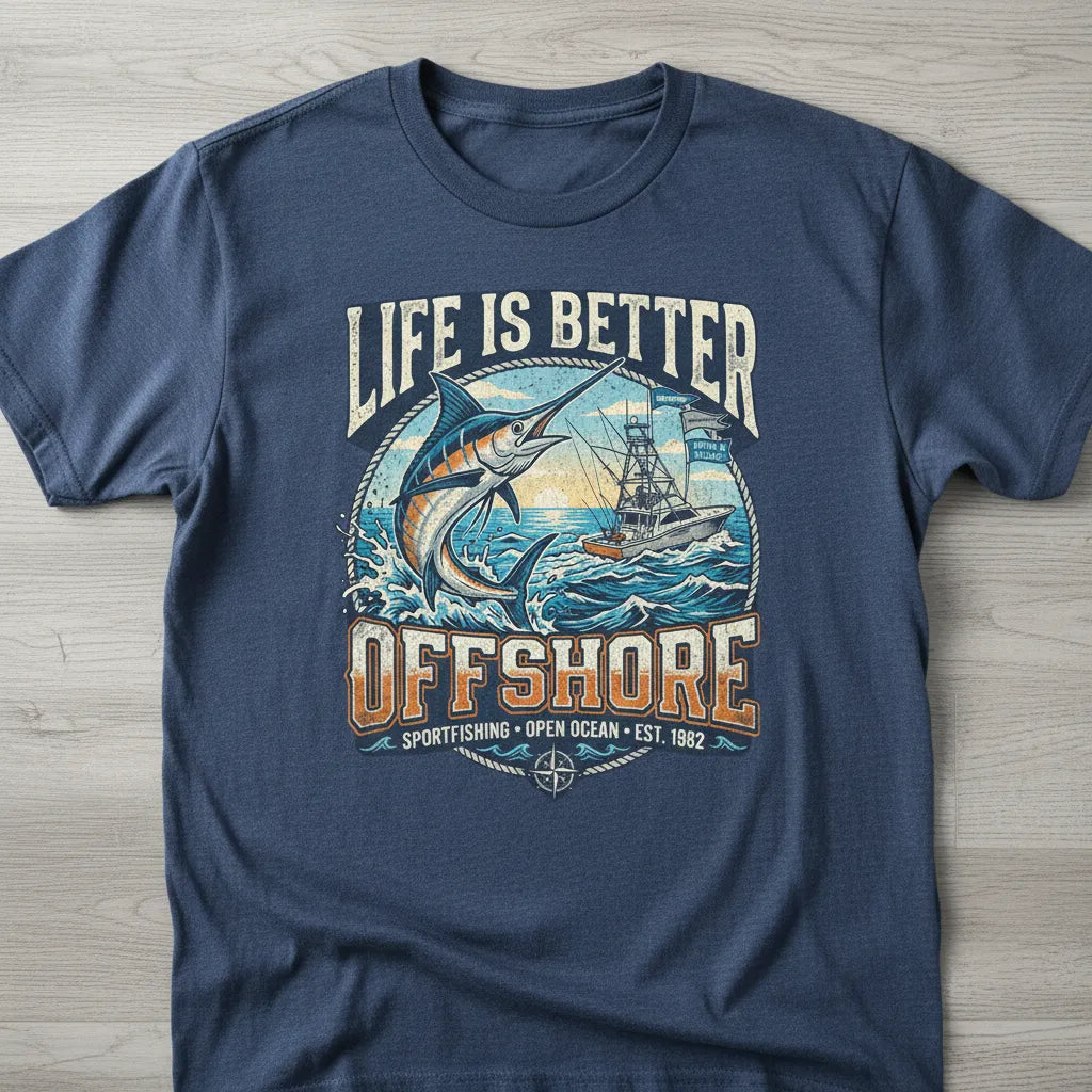 A navy blue crewneck t-shirt laid flat on a light wood background, featuring a large graphic print with a marlin, sailboat, and the text 'LIFE IS BETTER OFFSHORE'.