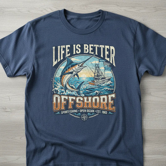 A navy blue crewneck t-shirt laid flat on a light wood background, featuring a large graphic print with a marlin, sailboat, and the text 'LIFE IS BETTER OFFSHORE'.