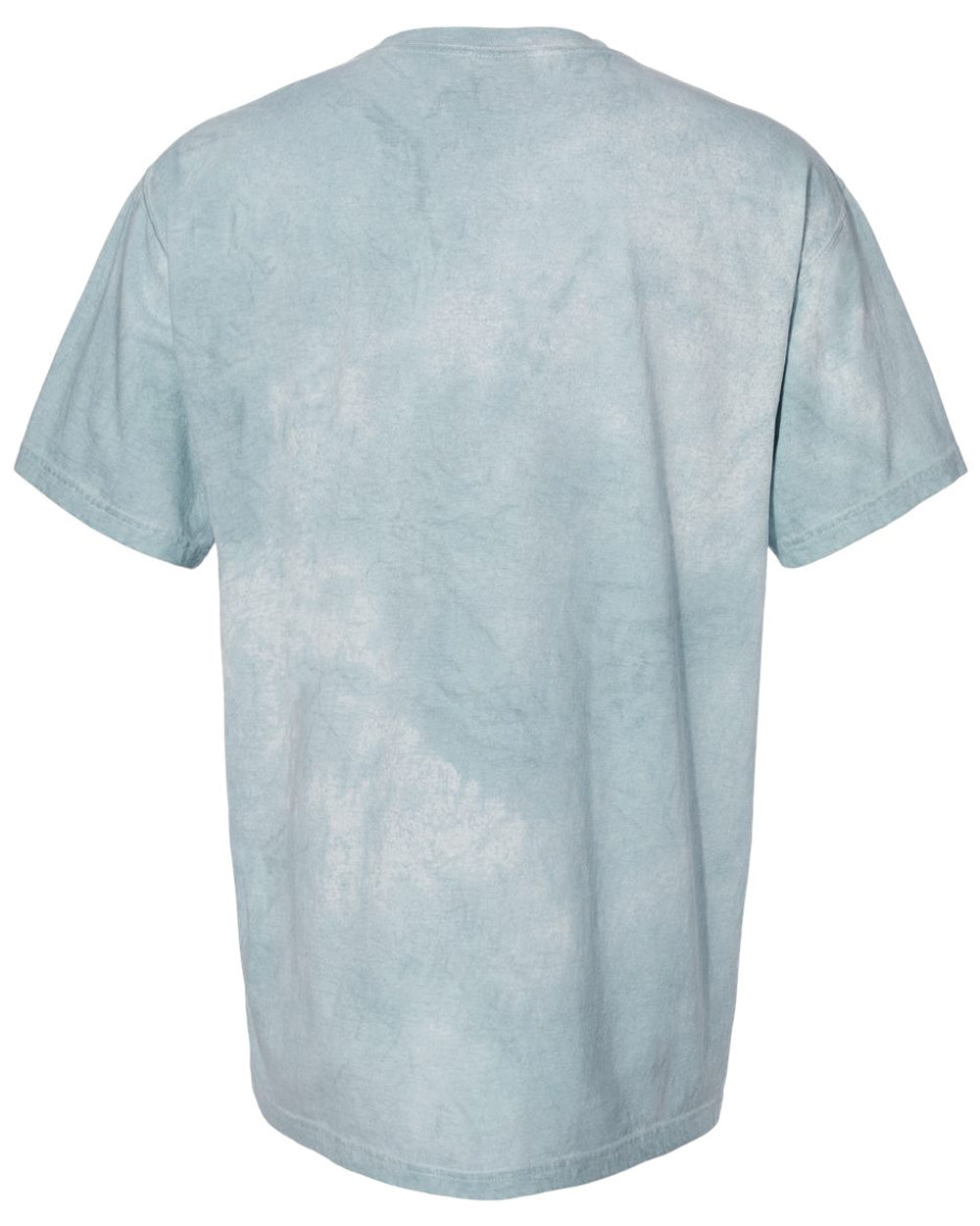 A light blue tie-dye t-shirt shown from the back, featuring a mottled, faded pattern on a solid white background.