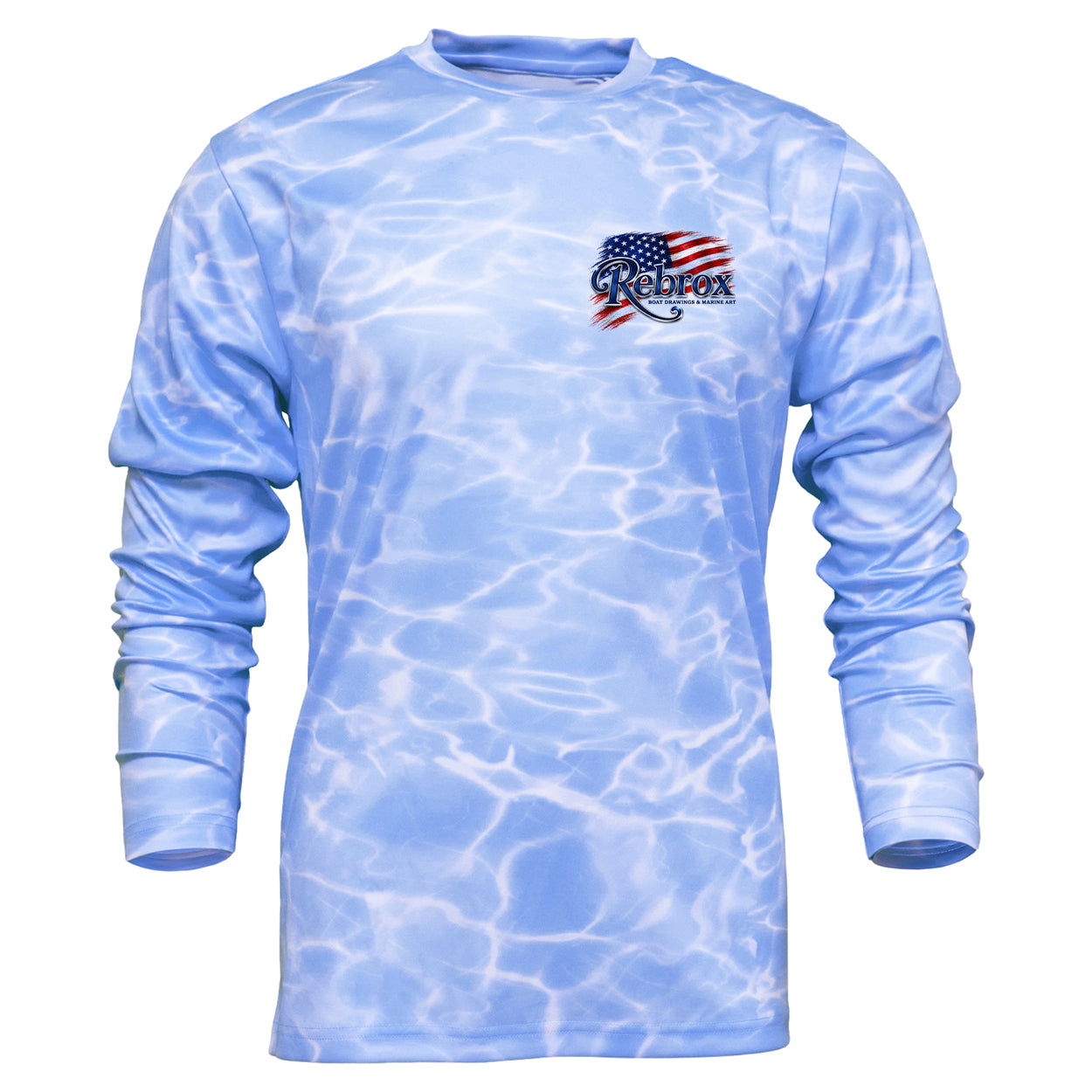 A light blue long-sleeve performance shirt with a water ripple pattern, featuring a red, white, and blue 'Reel' logo on the left chest, displayed on a solid white background.