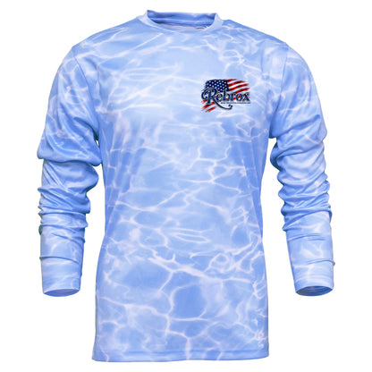 A light blue long-sleeve performance shirt with a water ripple pattern, featuring a red, white, and blue 'Reel' logo on the left chest, displayed on a solid white background.