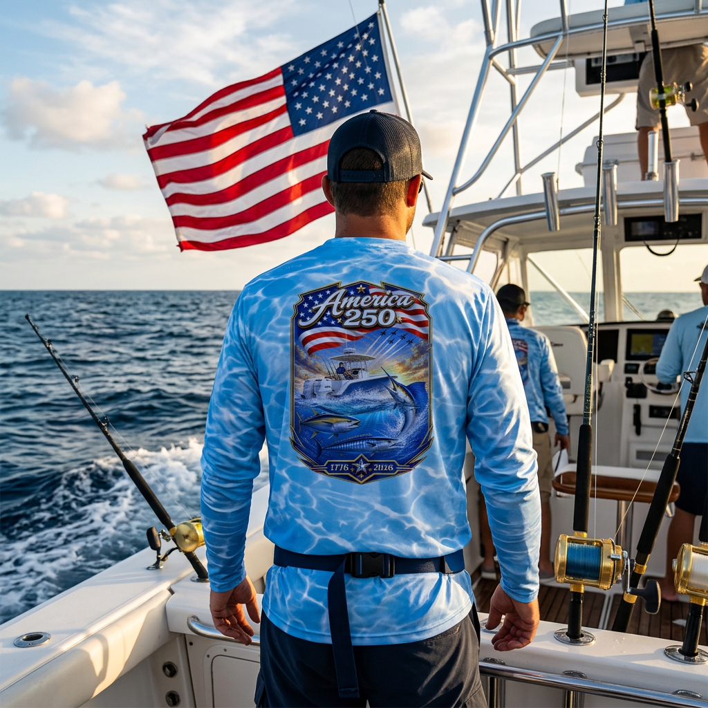 A man on a fishing boat seen from behind, wearing a light blue long-sleeve performance shirt with a large graphic on the back featuring a fish, a boat, and an American flag. The boat is sailing on the open ocean under a cloudy sky.