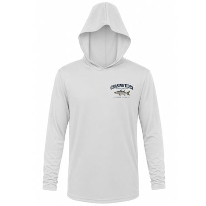 A light gray long-sleeve hooded shirt with a 'Chasing Tides' fish graphic on the left chest, displayed on a clean white background.